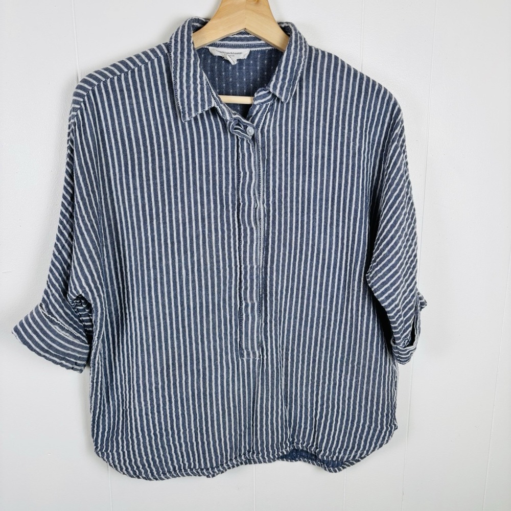 Beach Lunch Lounge Womens Popover Top Sz XS Blue White Striped 1/2 Sleeve Cotton